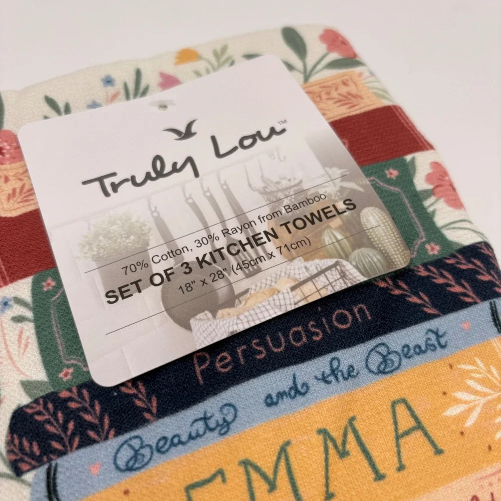 Truly Lou Literary Classics Book Stack Kitchen Towels Set of 3 Pink Bibliophile